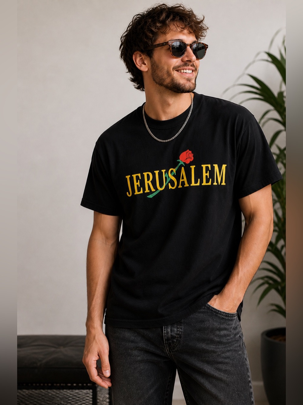 Vintage Jerusalem Rose Graphic Tee Black Shirt XXL Made in Jerusalem